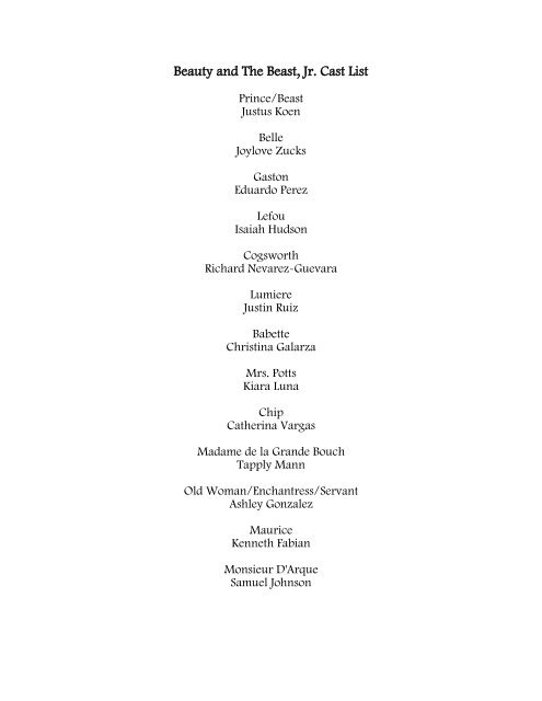 Beauty and The Beast, Jr. Cast List - Middletown City School District