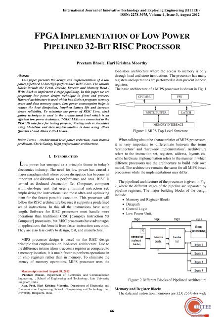 FPGA Implementation of Low Power Pipelined 32-Bit Risc Processor