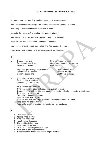 Corrige Adjectifs Numeraux Poly Prepas