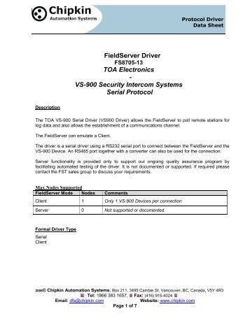 VS-900 Security Intercom Systems Serial Protocol - Chipkin ...