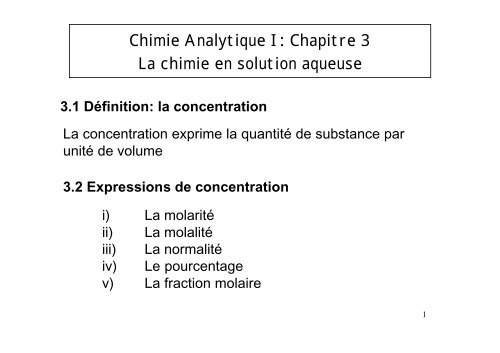 Aqueuse Chimie Analytique I: Chapitre 3 La chimie en solution aqueuse