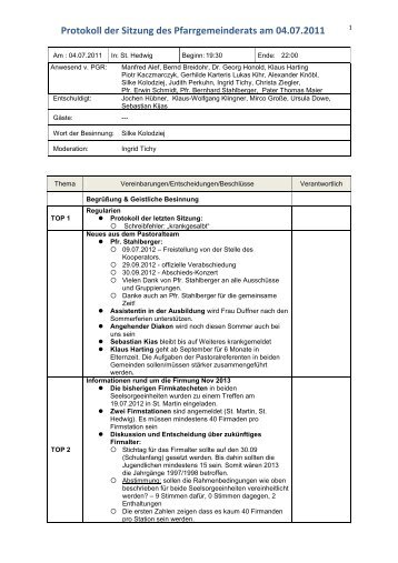 Protokoll der Sitzung des Pfarrgemeinderats am 04.07.2011