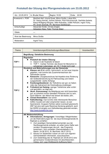 Protokoll der Sitzung des Pfarrgemeinderats am 23.05.2012