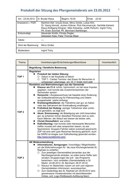 Protokoll der Sitzung des Pfarrgemeinderats am 23.05.2012