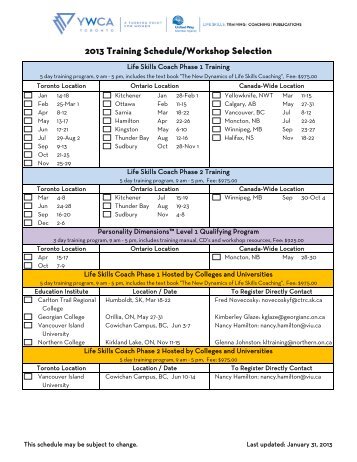 2013 Training Schedule/Workshop Selection - YWCA Toronto