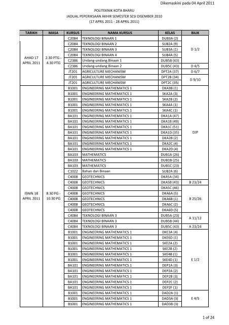 Jadual XM Dis 2010 - Politeknik Kota Bharu