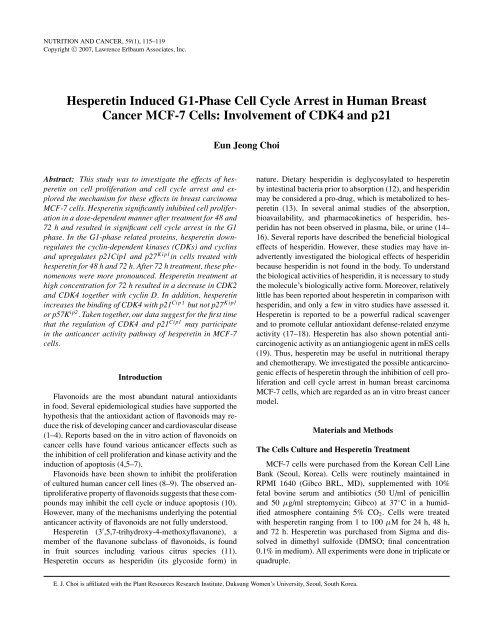 Hesperetin Induced G1-Phase Cell Cycle Arrest in Human Breast ...