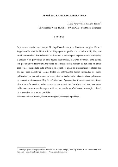 FERRÃZ: O RAPPER DA LITERATURA Maria Aparecida Costa - USP