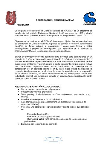 1 DOCTORADO EN CIENCIAS MARINAS PROGRAMA El programa ...