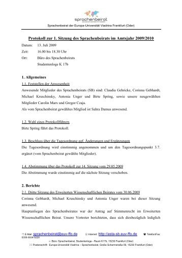 Protokoll der 1. Sitzung im Amtsjahr 2009/10 - Sprachenbeirat