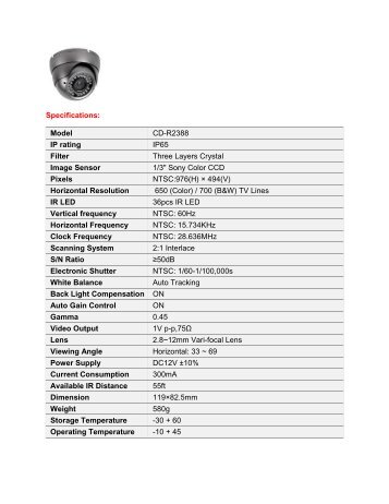 Specifications: Model CD-R2388 IP rating IP65 Filter ... - CCTV Direct