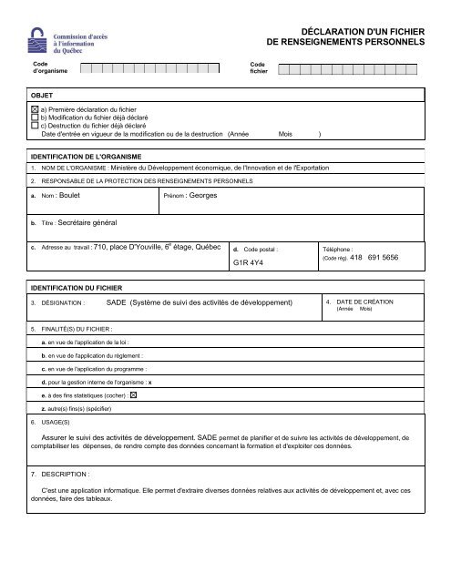 dÃ©claration d'un fichier de renseignements personnels