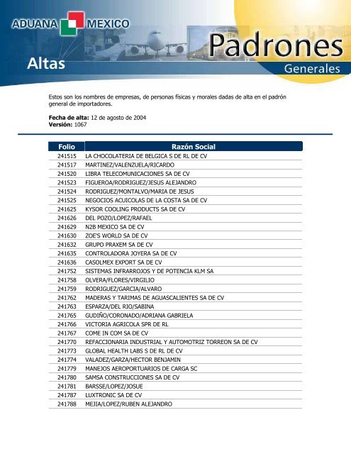 Altas - Aduana México