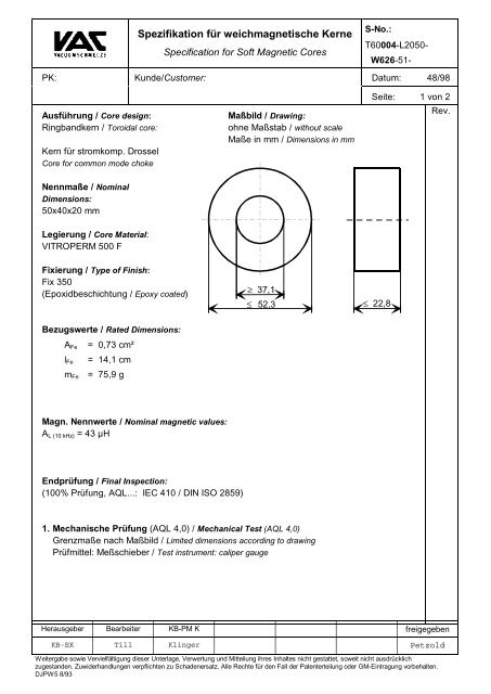 Spezifikation fÃ¼r weichmagnetische Kerne - Vacuumschmelze