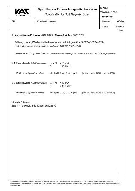 Spezifikation fÃ¼r weichmagnetische Kerne - Vacuumschmelze