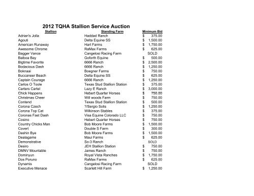 2012 TQHA Stallion Service Auction - Texas Quarter Horse ...