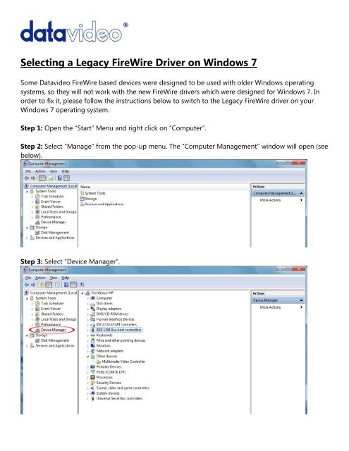 Selecting a Legacy FireWire Driver on Windows 7 - Datavideo