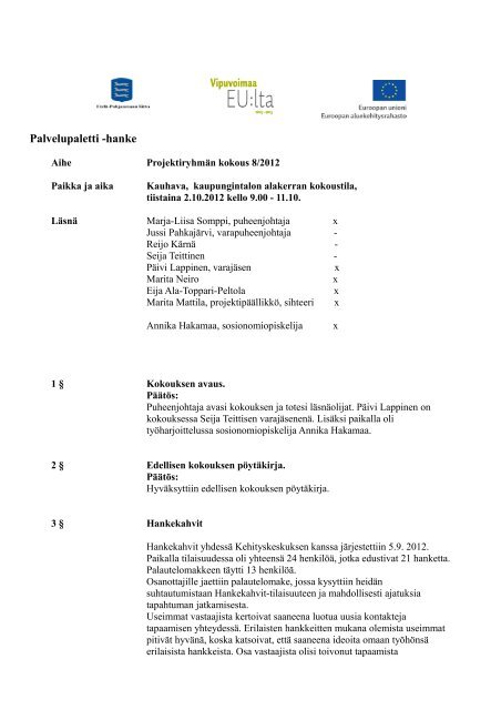 projektiryhmÃ¤n pÃ¶ytÃ¤kirja8.2012 - Kauhava