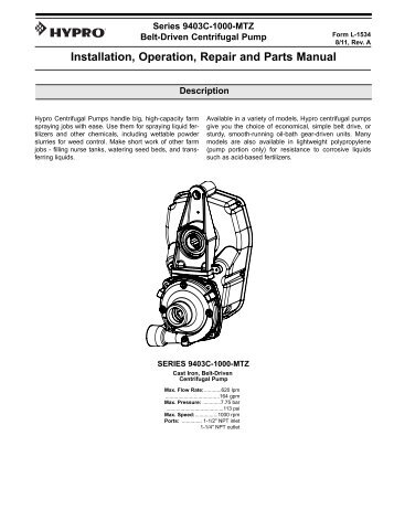 Installation, Operation, Repair and Parts Manual - Hypro Pumps