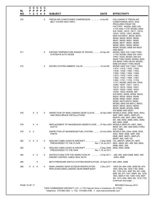 SERVICE LETTER INDEX - Twin Commander Aircraft LLC