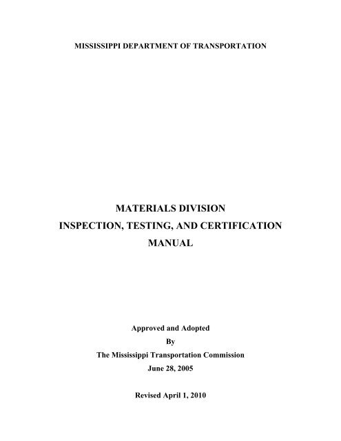 Materials Division Inspection, Testing, and Certification
