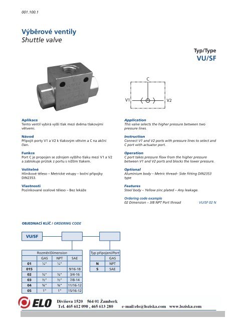 Výběrové ventily Shuttle valve VU/SF