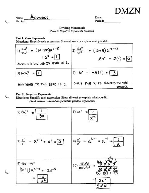 Dividing Monomials - Negative & Zero Exponents - Worksheet - DMZN