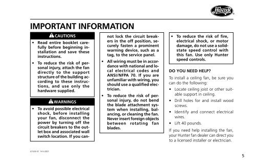 Installation and Operation Manual For Hunter Ceiling ... - Hunter Fan