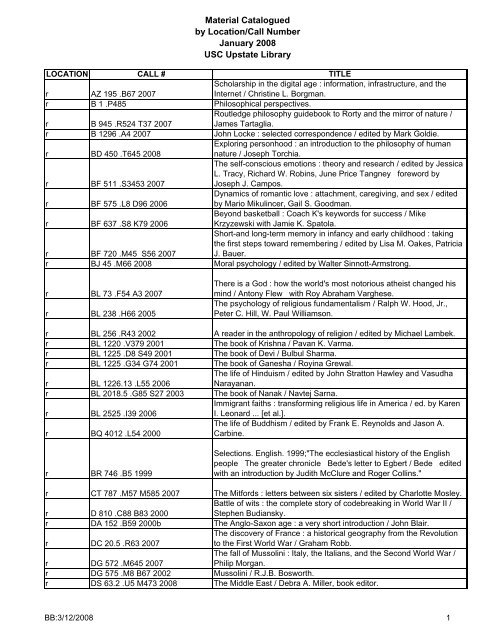 Material Catalogued by Location/Call Number January 2008 USC ...