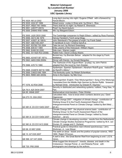 Material Catalogued by Location/Call Number January 2008 USC ...