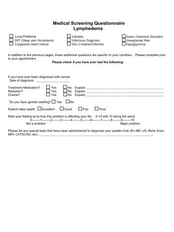 Medical Screening Questionnaire Lymphedema - Tina L Baum