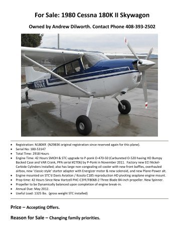 For Sale: 1980 Cessna 180K II Skywagon - Barnstormers