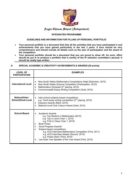 APPLICATION FOR PRE-IB PROGRAMME - Anglo-Chinese School