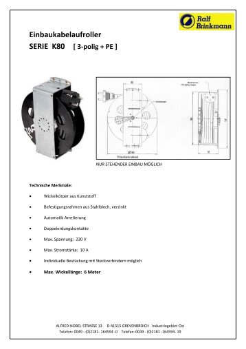 Einbaukabelaufroller SERIE K80 [ 3-polig + PE ]