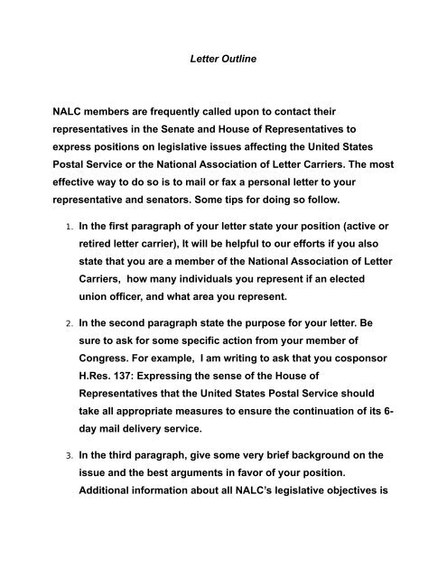 Letter to Congress Template - NALC Branch 78