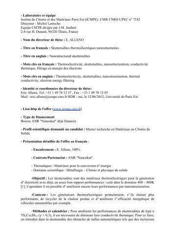 (ICMPE). UMR CNRS-UPEC n° 7182 Directeur : Michel Latro