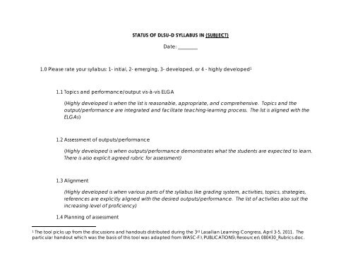 1.0 Please rate your syllabus: 1- initial, 2- emerging, 3 ... - DLSU-D