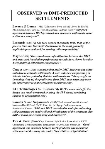 OBSERVED vs DMT-PREDICTED SETTLEMENTS - Marchetti DMT