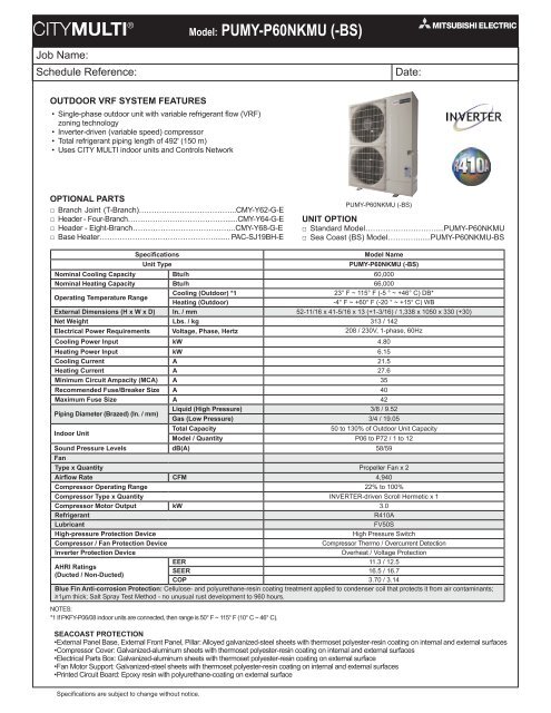 Model: PUMY-P60NKMU (-BS) - Mitsubishi Electric Sales Canada Inc.