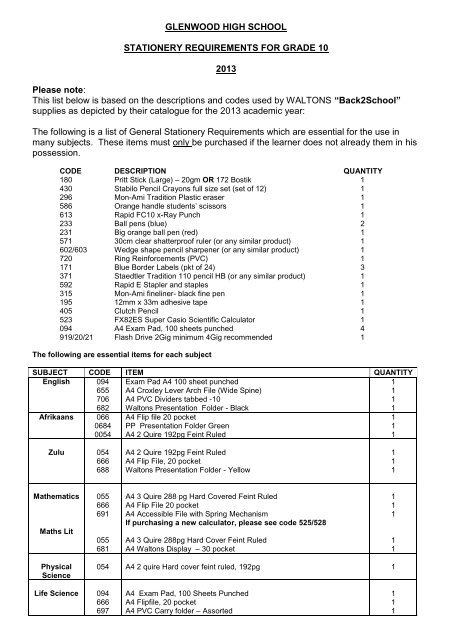 Stationery list Grade 10 2013.pdf - Glenwood High School