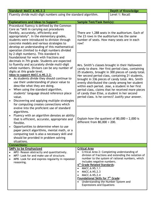 Standard: MACC.6.NS.2.2 Depth of Knowledge Fluently divide multi ...