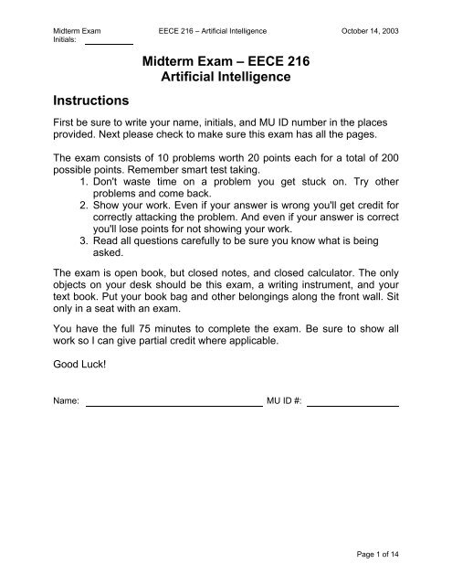 Midterm Exam – EECE 216 Artificial Intelligence Instructions