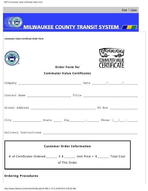 MCTS Commuter Value Certificate Order Form - Milwaukee County ...