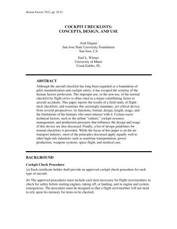 COCKPIT CHECKLISTS: CONCEPTS, DESIGN, AND USE - NASA