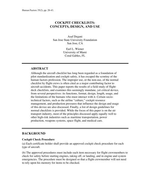 COCKPIT CHECKLISTS: CONCEPTS, DESIGN, AND USE - NASA