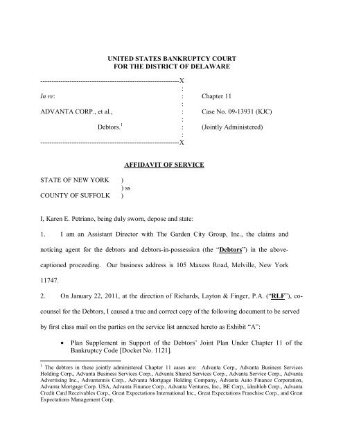 united states bankruptcy court for the district of - Advanta Corp.