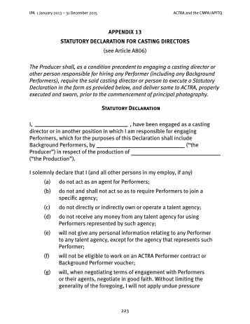 Statutory Declaration for Casting Directors - ACTRA Toronto