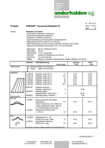 Preisliste DAWANIT