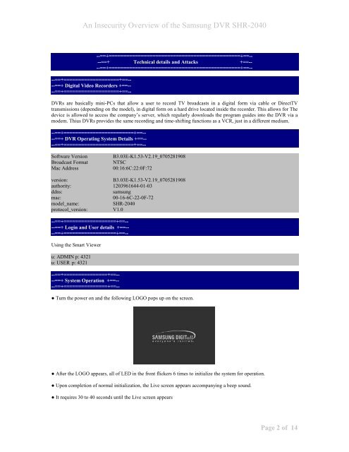 An Insecurity Overview of the Samsung DVR SHR ... - Packet Storm