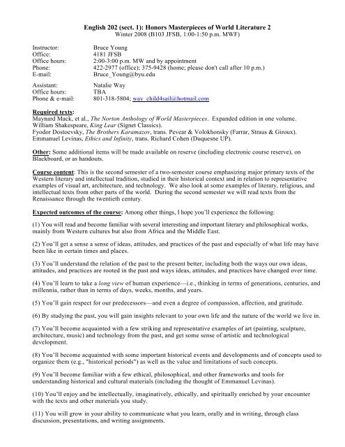 English 2 Sect 1 Honors Masterpieces Of World Literature 2